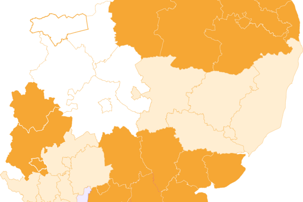 Map of the East of England in gold and yellow showing county and district boundaries