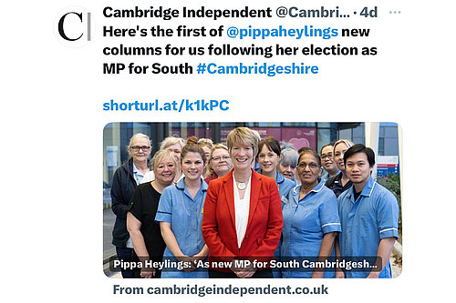 Cambridge Independent's X post about Pippa Heylings MP's first monthly column